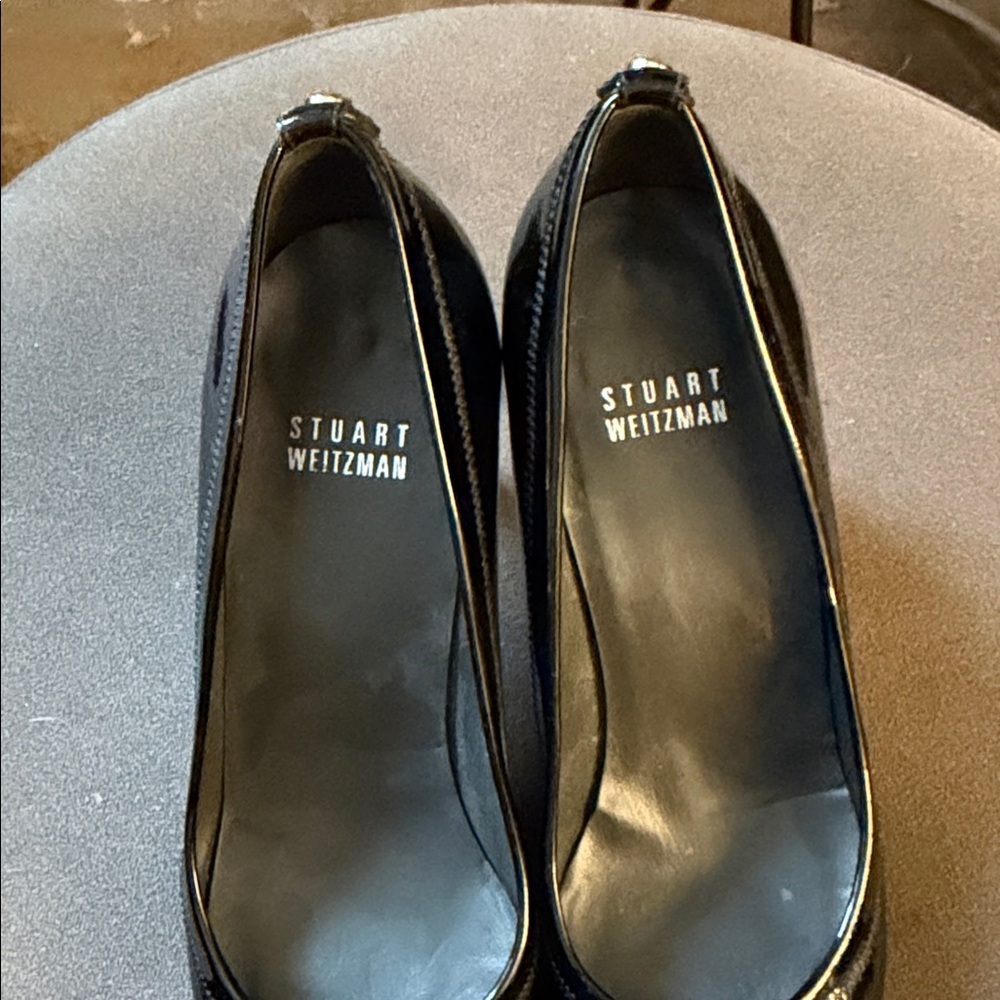 Stuart Weitzman Glossy Black Patent Leather Womens 6.5 Peep-Toe Heels - Picture 2 of 10